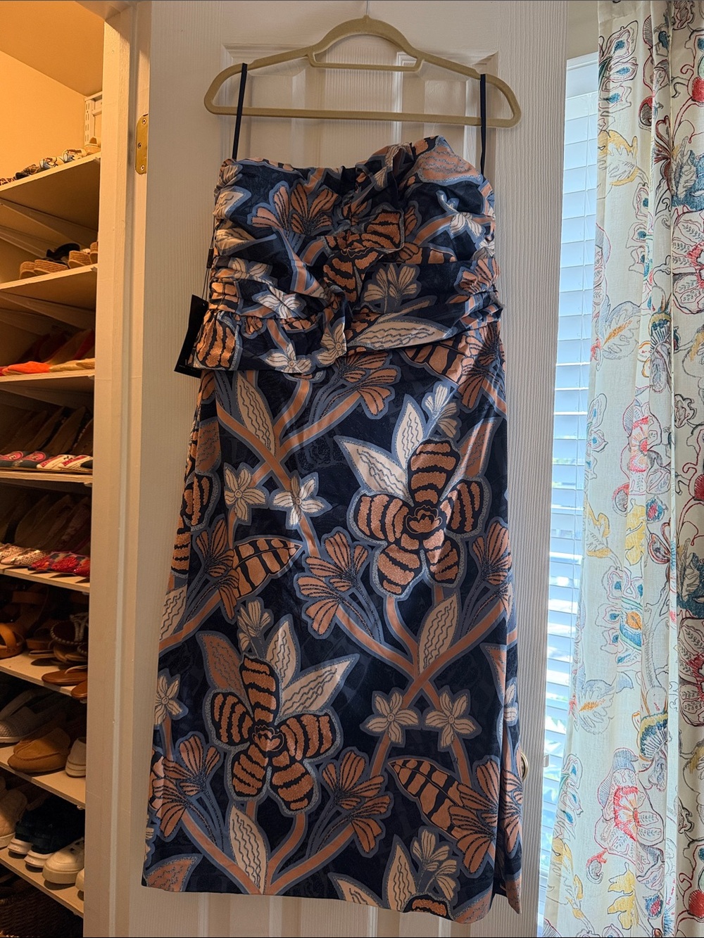 White House Black Market Navy and Peach Floral Strapless Midi Skirt